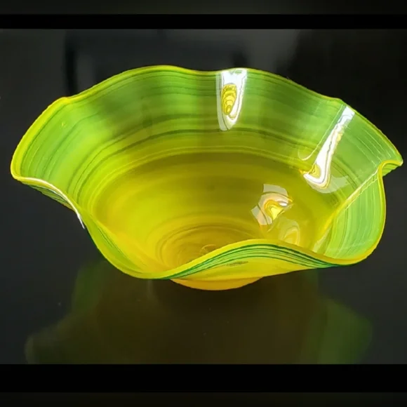 Huge Blenko 17" Handmade Yellow & Blue Art Glass Bowl - Picture 7 of 13